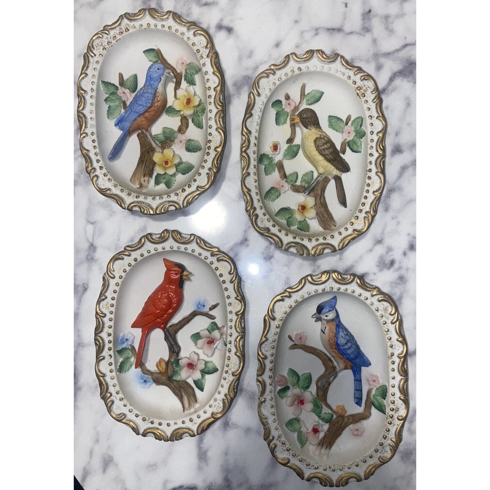 Set of 4 Vintage HOMCO #1245 3D Wall Hanging Bird Cardinal Bluebird Plaques